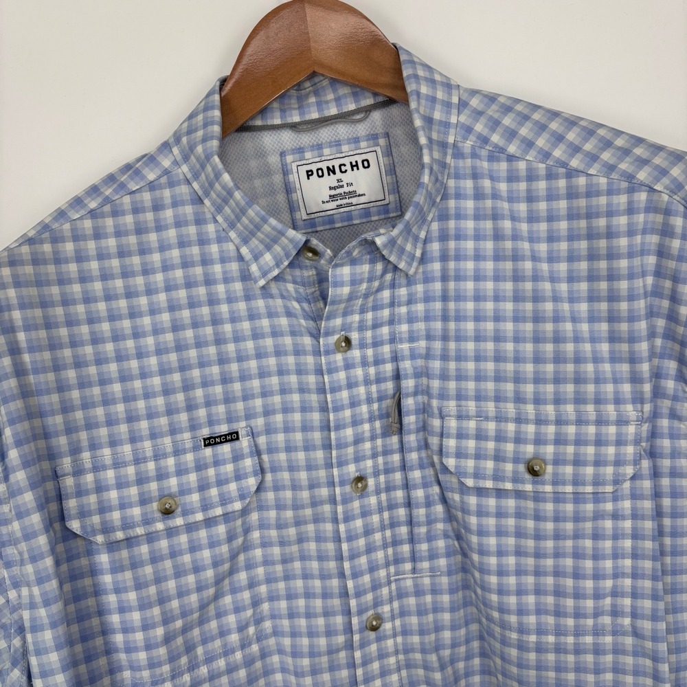Poncho Fishing Shirt Mens XL Regular Fit Blue Gingham Plaid Performance Outdoor